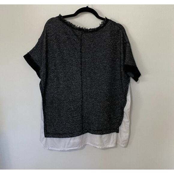 Caslon Black White Color Block Boxy Crewneck Woven Hem Striped Texture Top M - Picture 4 of 10